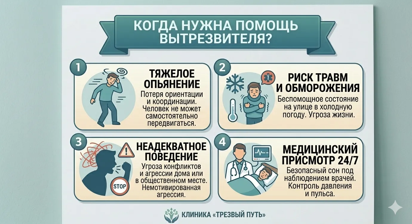 Инфографика: когда нужен частный вытрезвитель. Сильное опьянение, риск травм, агрессивное поведение и необходимость медицинского наблюдения.